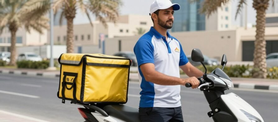 خدمة توصيل طلبات في العين مع مندوب يحمل طرداً