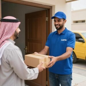سائق Laith Delivery يقوم بتسليم طرد إلى عميل