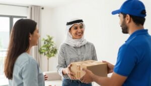 عملاء سعداء يتعاملون مع مندوب توصيل محترف