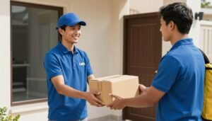 عميل يستلم طرد من مندوب توصيل سريع بطريقة منظمة عميل يستلم طرد من مندوب توصيل سريع بطريقة منظمة