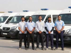 فريق من مندوبي التوصيل المحترفين بزي موحد يقفون أمام أسطول من سيارات التوصيل