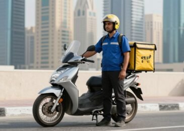 مندوب توصيل دبي يقوم بتسليم طرد في منطقة وسط المدينة