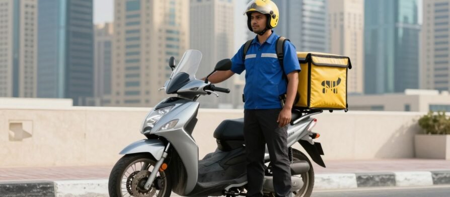 مندوب توصيل دبي يقوم بتسليم طرد في منطقة وسط المدينة