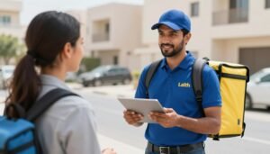 مندوب توصيل سريع محترف يتعامل مع العملاء بمهنية مندوب توصيل سريع محترف يتعامل مع العملاء بمهنية