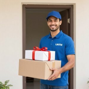 مندوب توصيل سريع يقوم بتوصيل هدايا مغلفة بشكل أنيق مندوب توصيل سريع يقوم بتوصيل هدايا مغلفة بشكل أنيق