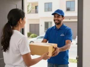 مندوب توصيل طلبات يسلم طرد لعميل أمام منزله