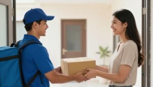 مندوب توصيل عجمان يقوم بتسليم طلب إلى عميل سعيد