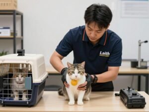 مندوب توصيل قطط يتعامل مع قطة بحرفية عالية