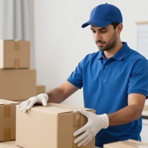مندوب توصيل محترف يتعامل مع الطرود بعناية