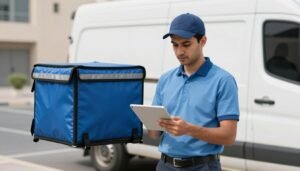 مندوب توصيل محترف يستخدم التكنولوجيا الحديثة لتتبع الطلبات وضمان التوصيل السريع