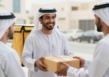مندوب توصيل محترف يقوم بتسليم طرد للعميل بابتسامة