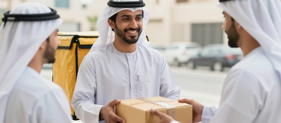 مندوب توصيل محترف يقوم بتسليم طرد للعميل بابتسامة