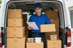 مندوب توصيل محترف يقوم بتوصيل مجموعة متنوعة من الطلبات