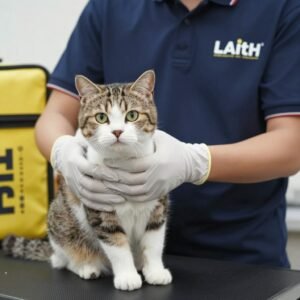 مندوب متخصص في توصيل القطط يتعامل مع قطة بلطف