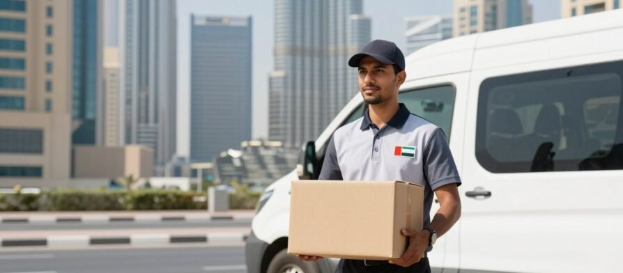 مندوب توصيل طلبات في الإمارات يحمل طرود في دبي